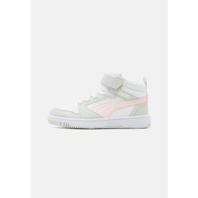 Image of Puma Rebound V6 MID AC Unisex Hightop trainers for kids, Size: 12K, White/frosty pink/sedate gray shoes