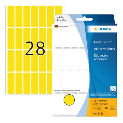 Image of HERMA Multi Purpose Labels, 28 Labels per Sheet, 32 Sheets, 13 x 40 mm, 896 Self Adhesive Small Stickers, Blank Sticky for Office Kitchen Home, Yellow