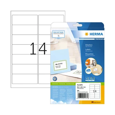 Image of HERMA 5076 Universal Labels, 25 Sheets, 99.1 x 38.1 mm, 14 per A4 Sheet, Pack of 350, Self Adhesive, Printable, Matt, Blank Paper Adhesive Stickers, White