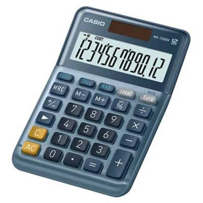Image of CASIO Desktop Calculator MS 120EM 12 Digit Currency Conversion, Cost/Sell/Margin, Aluminium Front, Solar/Battery Operated