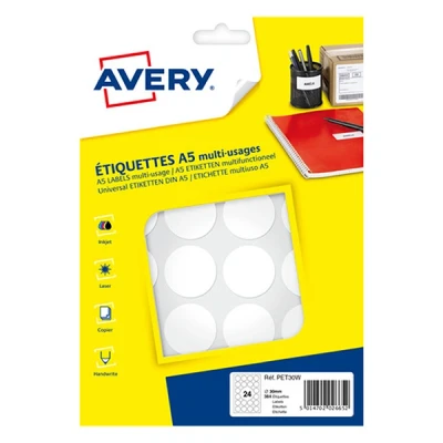 Image of AVERY Pack of 384 White Self Adhesive Dots, Diameter 30 mm