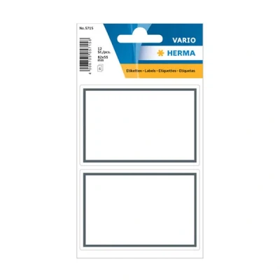 Image of HERMA 5715 Book Labels for Writing on Neutral Grey Border, Pack of 12, 82 x 55 mm, Self Adhesive Stickers School, Children, Girls, Boys, Blank Stickers, White