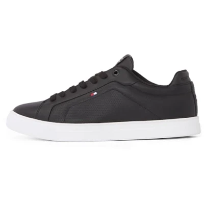 Image of Tommy Hilfiger Men’s Icon Leather Court Trainers, Black, 10 UK
