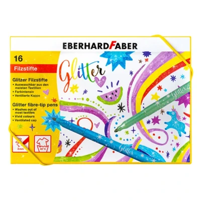 Image of Eberhard Faber 551016 Glitter Felt Tip Pens in 16 Bright Colours, Lead Thickness 3 mm, Washable, Hard Cardboard for Drawing, Colouring, Crafts and Writing