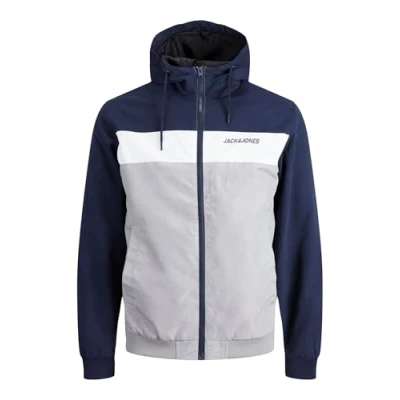 Image of Jack &amp; Jones Jjerush HOOD Windbreaker, Men&#039;s, Size: Large, Navy blazer/white/light grey melange