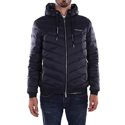 Image of Armani Exchange Men&#039;s Hooded Quilted Down Milano/New York Logo Zip up Jacket, Navy Blue/Grey Marl, XS