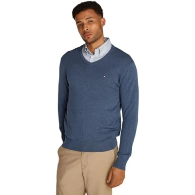 Image of Tommy Hilfiger Essential V NECK Jumper, Men&#039;s, Size: XXL, Aegean sea heather