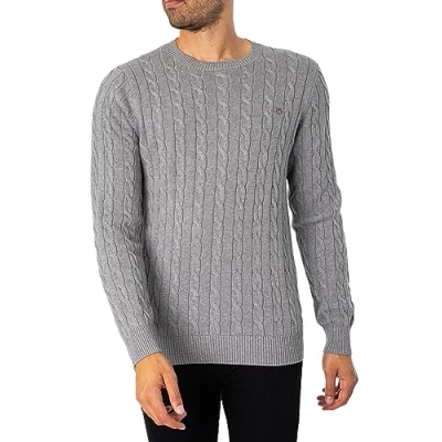 Image of GANT Mens Cable Crew Neck Tartan Green Sweater, Grey Melange, 3XL