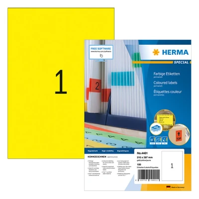 Image of HERMA 4401 Self Adhesive Coloured Labels, 1 Label per A4 Sheet, 1400 Sheets, 210 x 297 mm, Blank Colour Labels Stickers, Sticky for Laser &amp; Inkjet Printer, Yellow