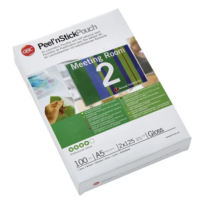 Image of GBC A5 2x125 Micron Peel n&#039; Stick Gloss Laminating Pouches, Pack of 100, 3747244