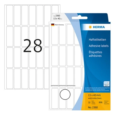 Image of HERMA Multi Purpose Labels, 28 Labels per Sheet, 32 Sheets, 13 x 40 mm, 896 Self Adhesive Small Stickers, Blank Sticky for Office Kitchen Home, White