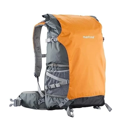 Image of Mantona ElementsPro 50 Outdoor und Kamerarucksack (geeignet für 1 bis 2 Kameras, 4 5 Objektive, Netzteil Zubehör, Laptop Fach 15 Zoll, aus praktischem Nylon mit Regenschutz) grau/orange