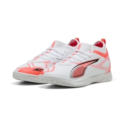 Image of Puma Ultra 5 Match IT MID JR Unisex Indoor football boots for kids, Size: 4.5, White/black/glowing red Synthetics/textile