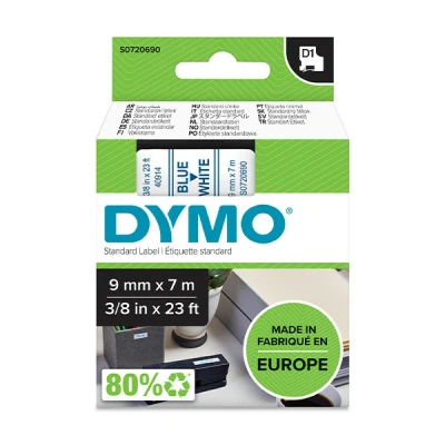 Image of DYMO Authentic D1 Labels Blue Print on White Tape 9 mm x 7 m Self Adhesive for LabelManager Label Makers Made in Europe