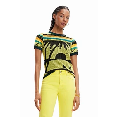 Image of Desigual Cagliari Yellow Tropical 1970s Knit Top 23SWTKAE, Yellow, L
