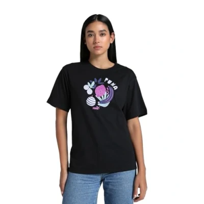 Image of Puma Graphics Relaxed Fruity TEE Print Tshirt, Women&#039;s, Size: Small, Black
