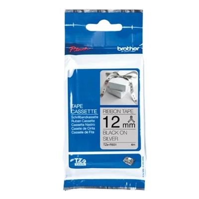 Image of Brother TZe R931 Labelling Tape Cassette, Black on Silver, 12 mm (W) x 4M (L), Ribbon Tape, Genuine Supplies