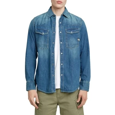 Image of G Star SLIM Denim Shirt Shirt, Men&#039;s, Size: XL, Faded cricket blue