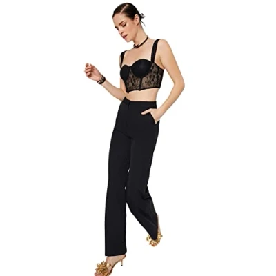 Image of Trendyol Women&#039;s Normal Waist Wide Leg Regular Fit Trousers Pants, Schwarz, 36