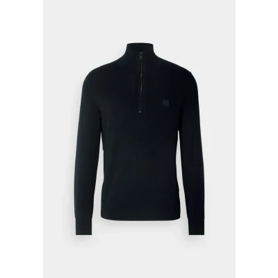 Image of BOSS Mens Kanobix S Logo Patch Zip Neck Sweater in Cotton and Cashmere, Dark Blue, L