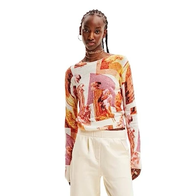 Image of Desigual Women&#039;s Woman Flat Knit Thin Gauge Pullover Polo Sweater, Red, L