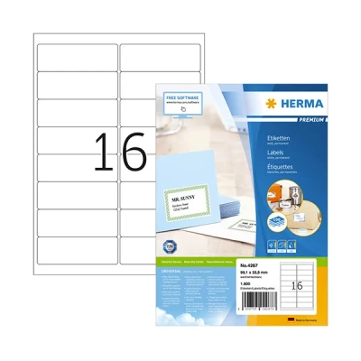 Image of HERMA Self Adhesive Address Labels, 16 Labels per A4 Sheet, 100 Sheets, 99.1 x 33.8 mm, 1600 Blank Mailing Stickers, Sticky for Laser &amp; Inkjet Printer, White