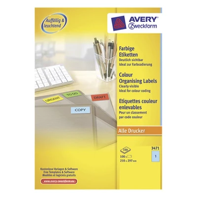 Image of Avery Coloured Labels, Blue, 210 x 297 mm printer labels (Blue, mm, Self adhesive label, A4, Paper, Laser/Inkjet, Permanent)