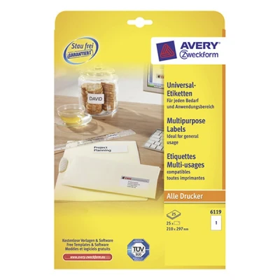 Image of Avery Zweckform 6119 Universal Labels 210 x 297 mm 25 Sheets White