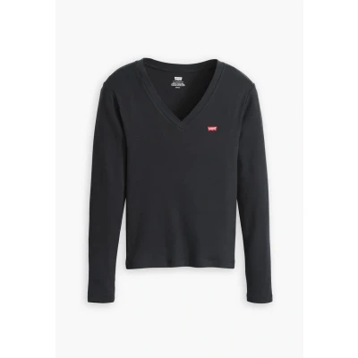 Image of Levi&#039;s Women&#039;s Essential Housemark Long Sleeve Vneck T Shirt, Caviar, L