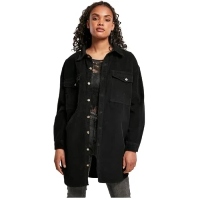 Image of Urban Classics Ladies LONG Corduroy Overshirt Buttondown blouse, Women&#039;s, Size: XL, Black