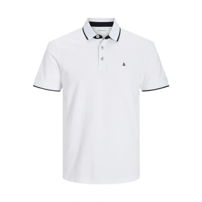 Image of JACK &amp; JONES Men&#039;s Slim Fit Polo Shirt JJEPAULOS Plain Summer Tee Collar Short Sleeve Essential Pique Cotton, White, XS