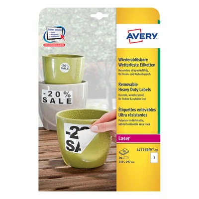 Image of AVERY Zweckform L4775REV 20 Self Adhesive Removable Polyester Labels with Customisable Printing 210 x 297 mm Pack of