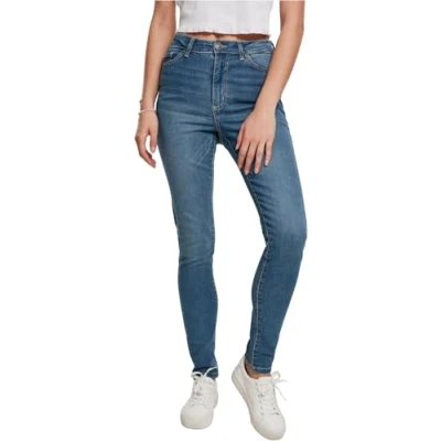 Image of Urban Classics Ladies HIGH Waist Slim Jeans fit jeans, Women&#039;s, Size: 26x32, Mid stone wash