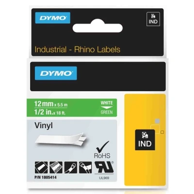 Image of DYMO Rhino Industrial Vinyl Labels 12 mm x 5.5 m White Print on Green Self Adhesive for &amp; LabelManager Label Makers