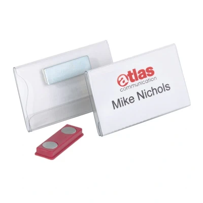 Image of Durable Name Badge 40 x 75 mm with Magnet Transparent Pack of 25 Badges Includes Blank Insert Cards Ideal for Events and Visitor Management