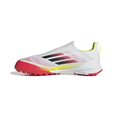 Image of adidas Unisex Kid&#039;s F50 League Laceless Football Boots Turf, Cloud White Core Black Solar Yellow, 10 UK Child