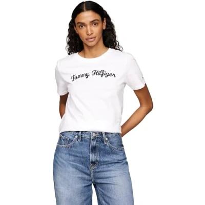 Image of Tommy Hilfiger REG Script CNK SS Print Tshirt, Women&#039;s, Size: XXS, Th optic white