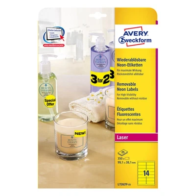 Image of Avery Zweckform L7263R 25 neon Labels 350 Stück, 99,1 x 38,1 mm Yellow