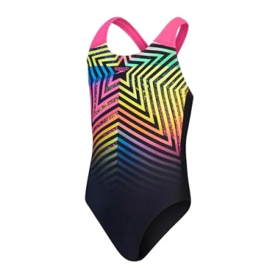 Image of Speedo Girls Digital Placement Splashback Swimsuit for kids, Size: 5 6y, Black/lemon drizzle/flare pink/harlequin green