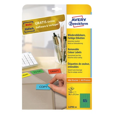Image of Avery Zweckform Labels 38.1 x 21.2 mm Removable Inkjet/Laser/Copier Green