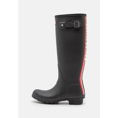 Image of Hunter Original Womens TALL TRI Colour LOGO Backstrap BOOT Wellies, Women&#039;s, Size: 5, Black Natural rubber