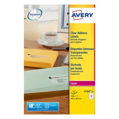 Image of Avery Zweckform L7563 25 Universal Address Labels Sheets / 350 99.1 x 38.1 mm/Transparent