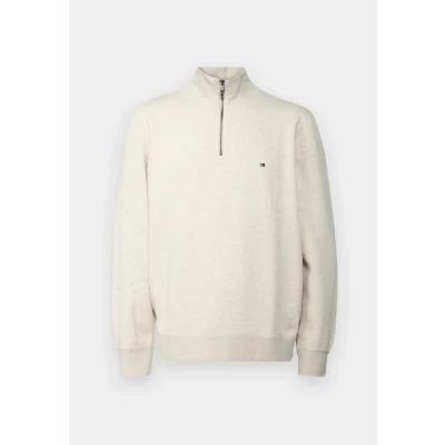 Image of Tommy Hilfiger Men’s Essential Half Zip Fleece Sweatshirt, Brown (Heathered Oatmilk), XS