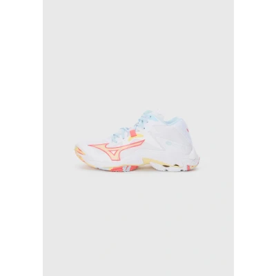 Image of Mizuno WAVE LIGHTNING Z8 MID Volleyball Shoes White/Calypso Coral/Pale Banana Women Size 7