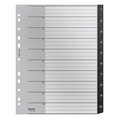 Image of Leitz Index Folder Divider, 1 10 Numerical Tabs, A4, Extra Wide, 90% Recycled Plastic, Eco Friendly, Premium Quality, Recycle Range, 12080095, Black