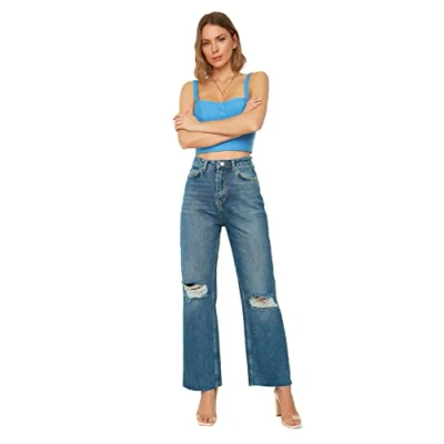 Image of TRENDYOL Women&#039;s Ripped Detailed High Waist Wide Leg Jeans, navy blue, 12
