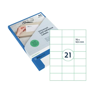 Image of Rillprint Multi Purpose Self Adhesive Labels Transparent Matt Pack of 525 70 x 42.4 mm 21 per A4 Sheet Printable &amp; Removable Universal Address Stickers 25 Sheets
