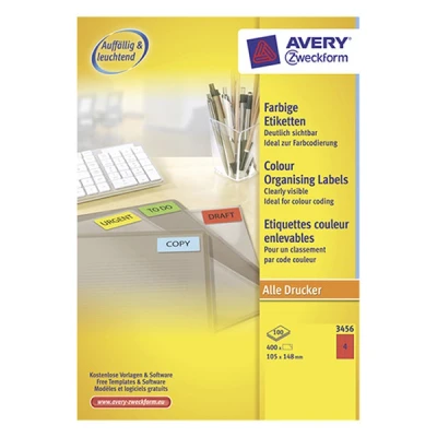 Image of Avery Coloured Labels, Red, 105 x 148 mm printer labels (Red, mm, Self adhesive label, A4, Paper, Laser/Inkjet, Permanent)