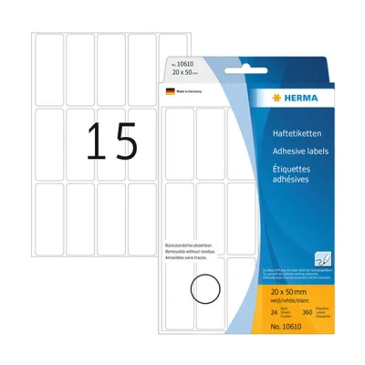 Image of HERMA Removable Labels, 15 Labels per Sheet, 24 Sheets, 20 x 50 mm, 360 Self Adhesive Small Stickers, Blank Sticky Multi Purpose for Office Kitchen Home, White