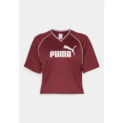 Image of Puma Relaxed Cropped Football Print Tshirt, Women&#039;s, Size: Small, Ruby shimmer